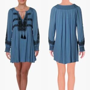 Free People Wind Willow Embroidered V-Neck Mini Dress Blue